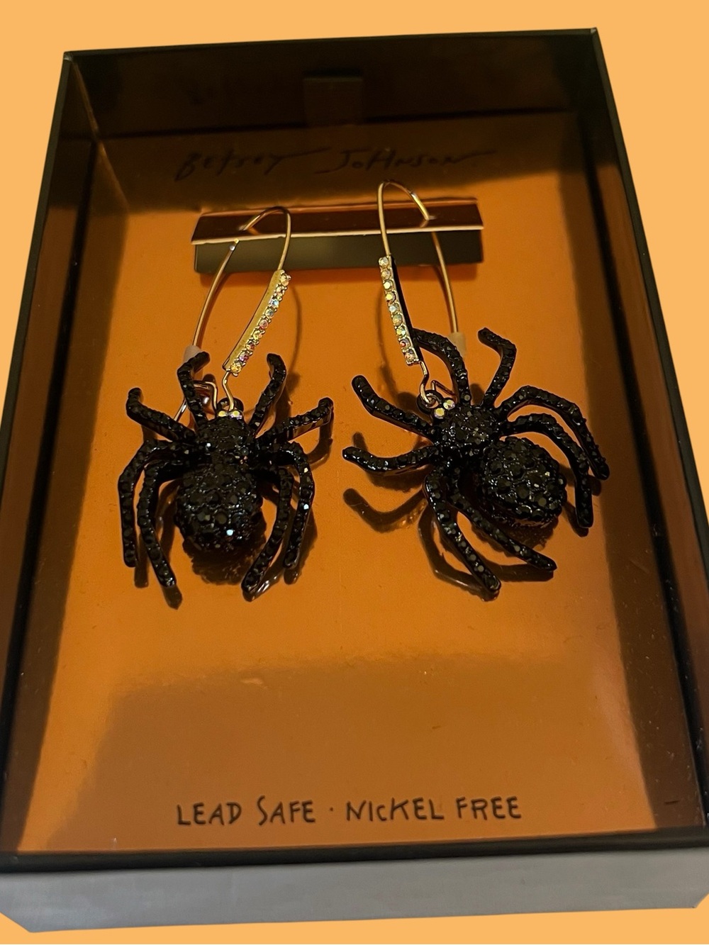 Betsey Johnson Black Spider Dangle Earrings with Crystal Accents